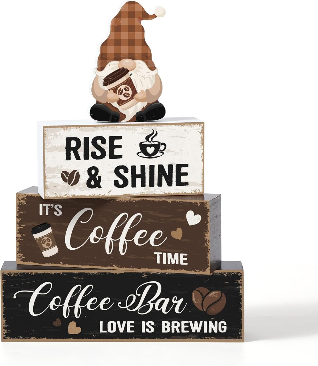 4 Pcs Coffee Bar Table Decorations Centerpieces Coffee Bar Wooden Signs Farmhouse Brown White Gnome Cafe Rustic Wood Block Gifts for Tiered Tray Mantel Shelf Home Cafe Lover Kitchen